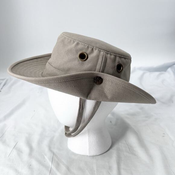 Tilley Hat Beige Canvas Outdoor Snap Brim Boonie Hat Chin Strap Womens 6 3/4